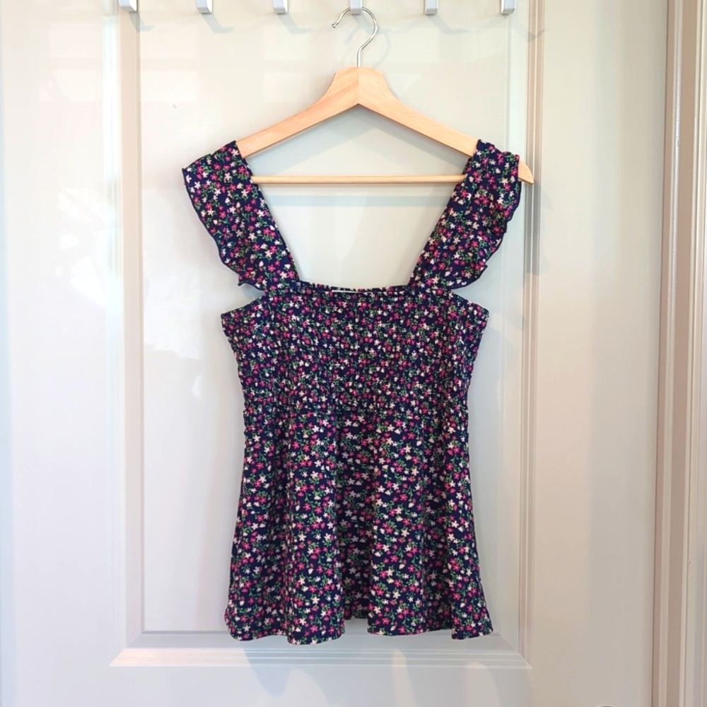 Full Circle Trends ruffle strap tank top, women's dark blue floral smock tank